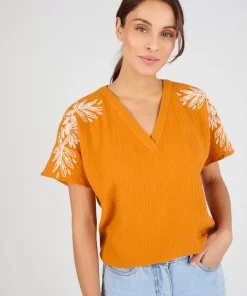 Blouse brodée en double gaze effet crêpé