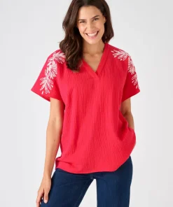 Blouse brodée en double gaze effet crêpé
